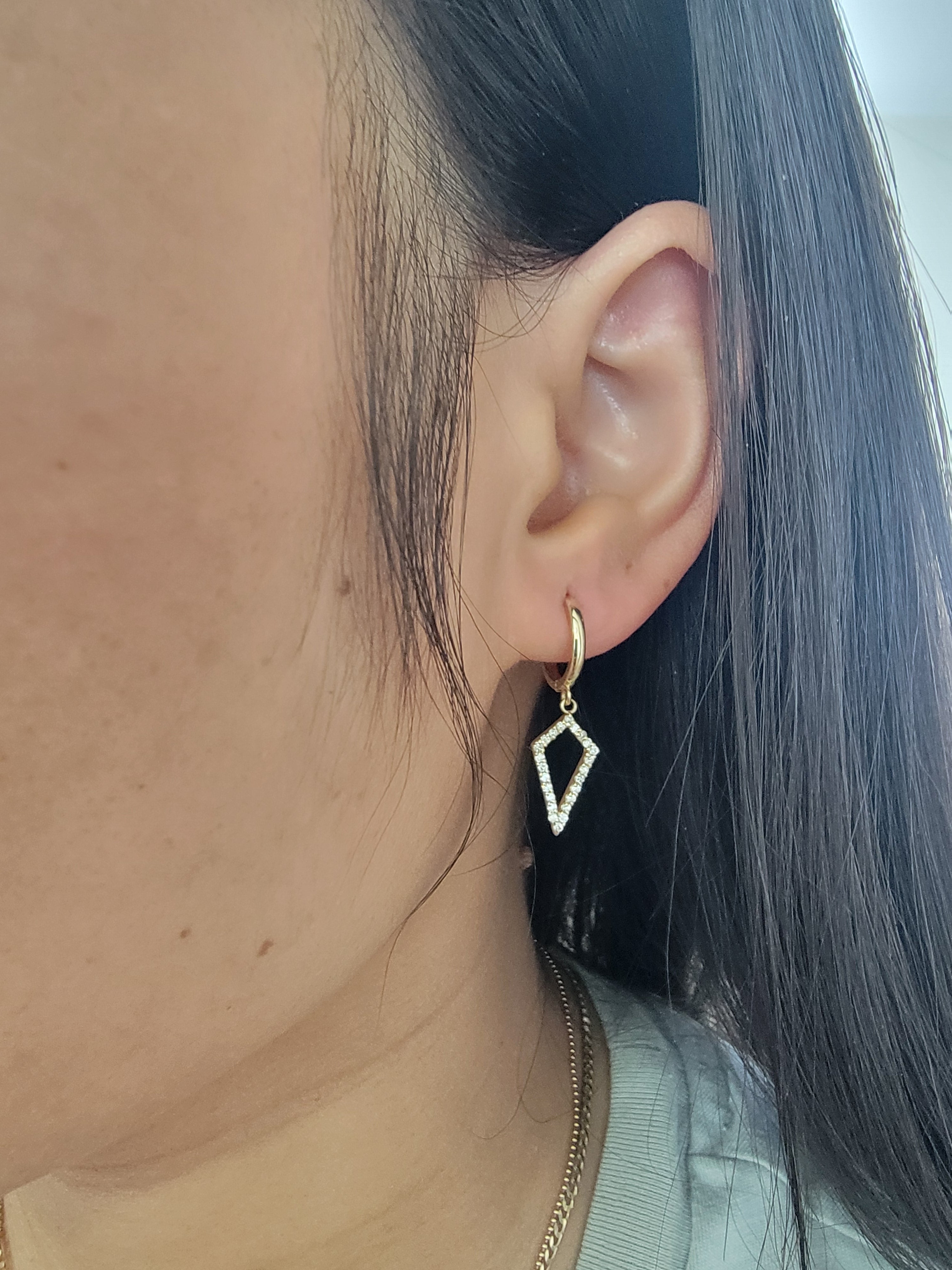 0.32ct Natural Diamond Triangle Dangle Hoop Earrings 14K Gold