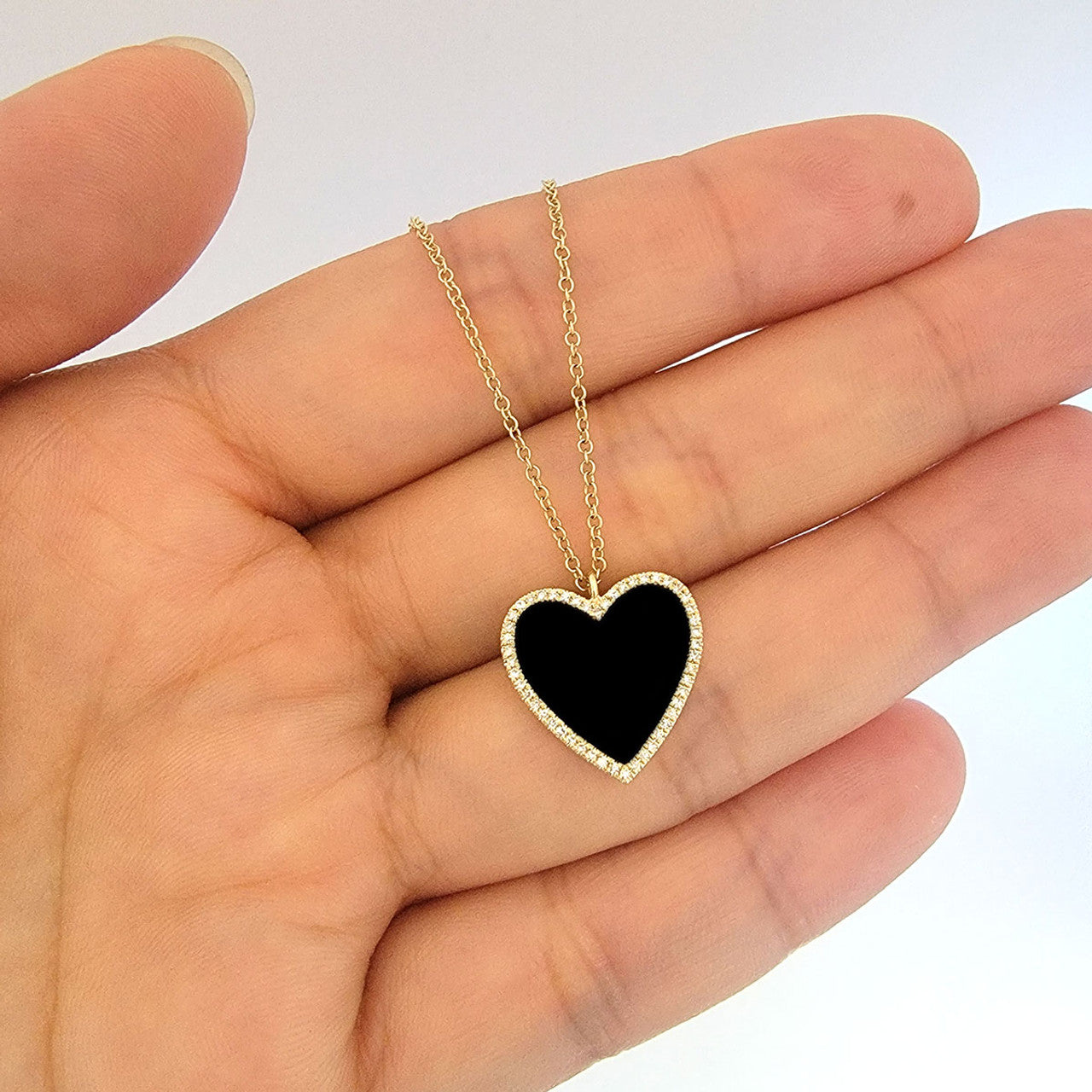 Diamond Onyx Heart Pendant Necklace 14K Gold