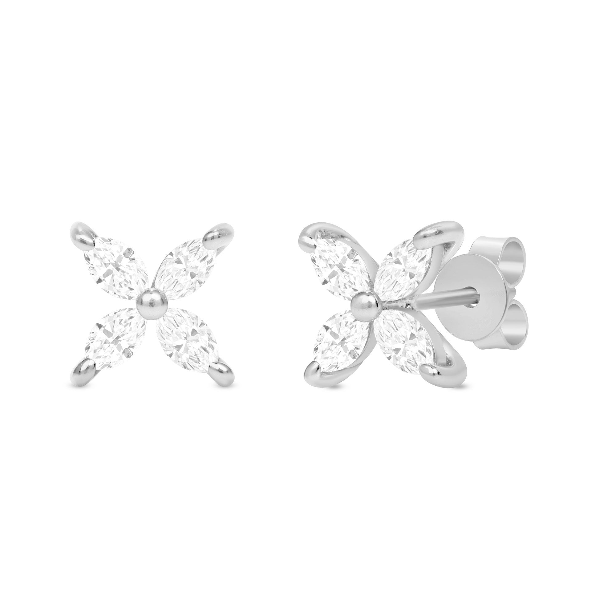 Marquise Cut Diamond Floral Stud Earring White Gold