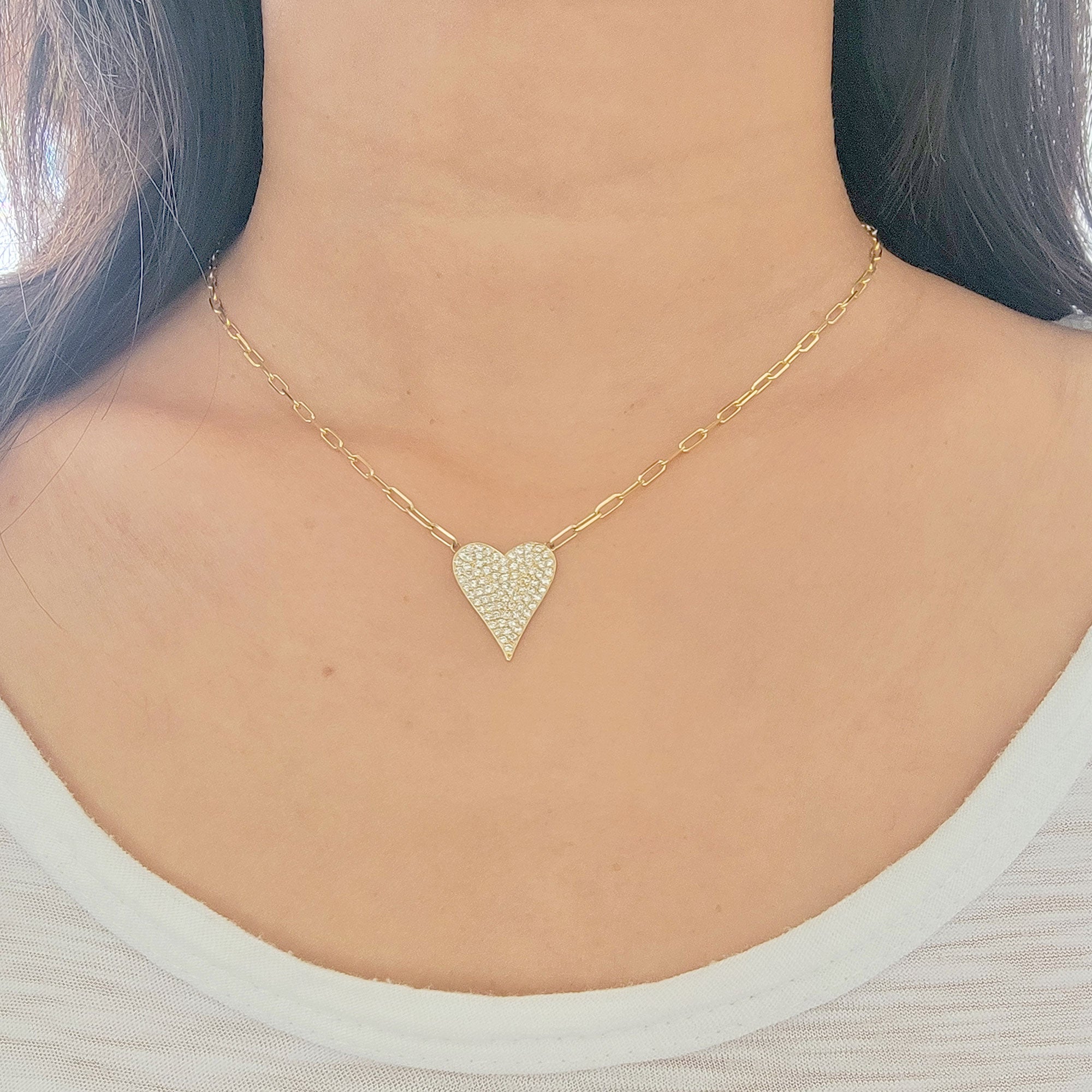 Large Diamond Heart Paperclip Necklace 14K Gold