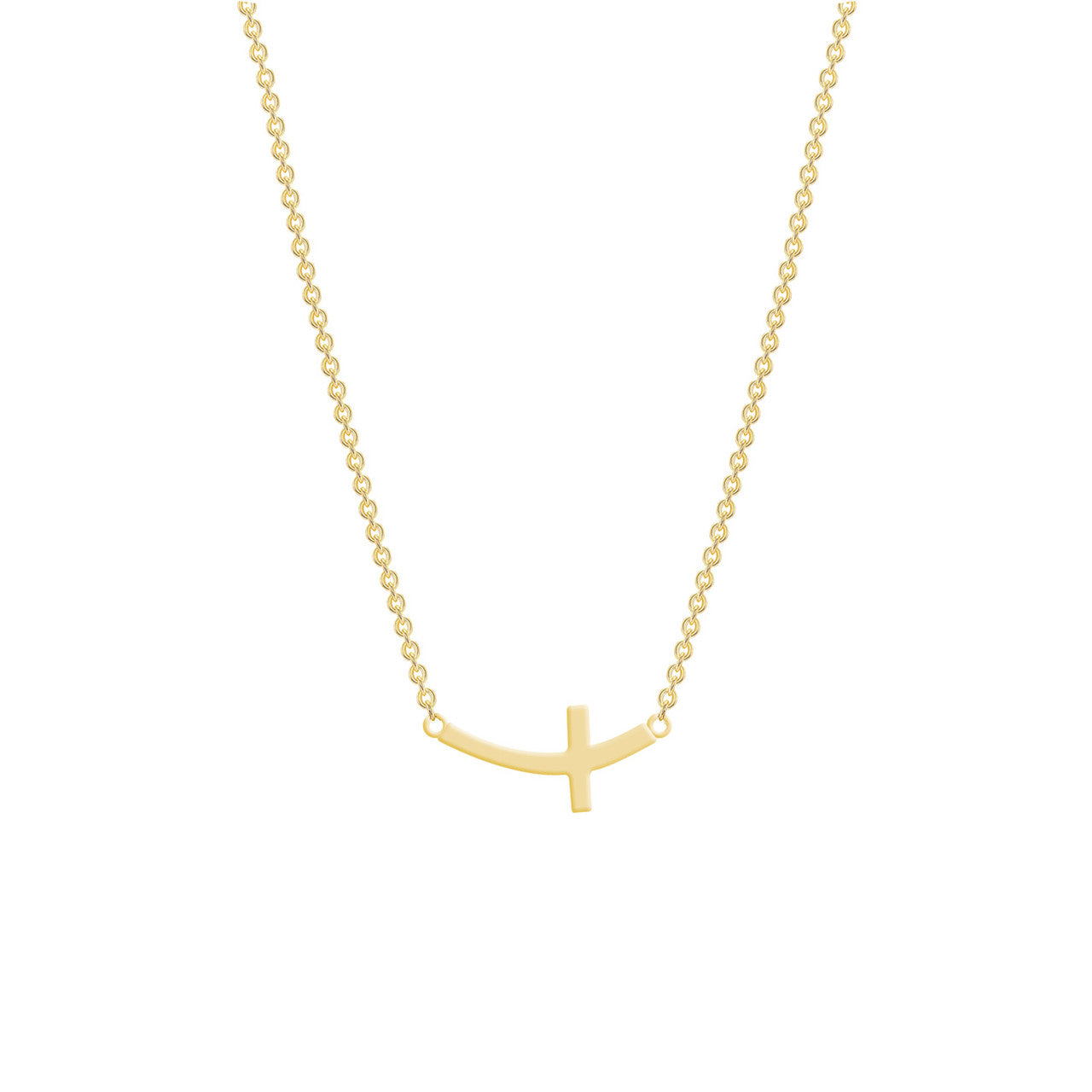 Sideways Small Curved Cross Necklace 14K Gold
