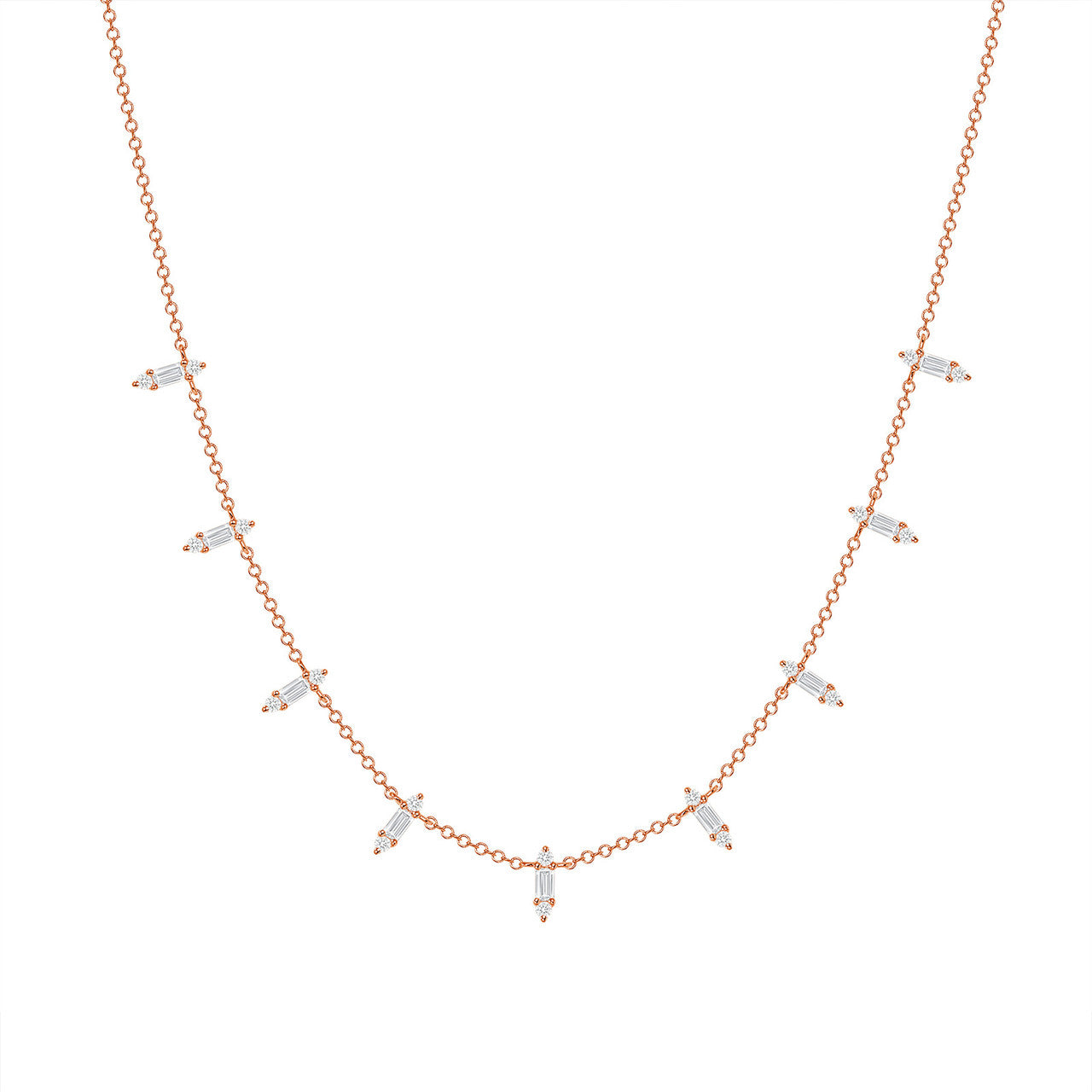Stack Baguette and Round Diamond Necklace 14K Gold