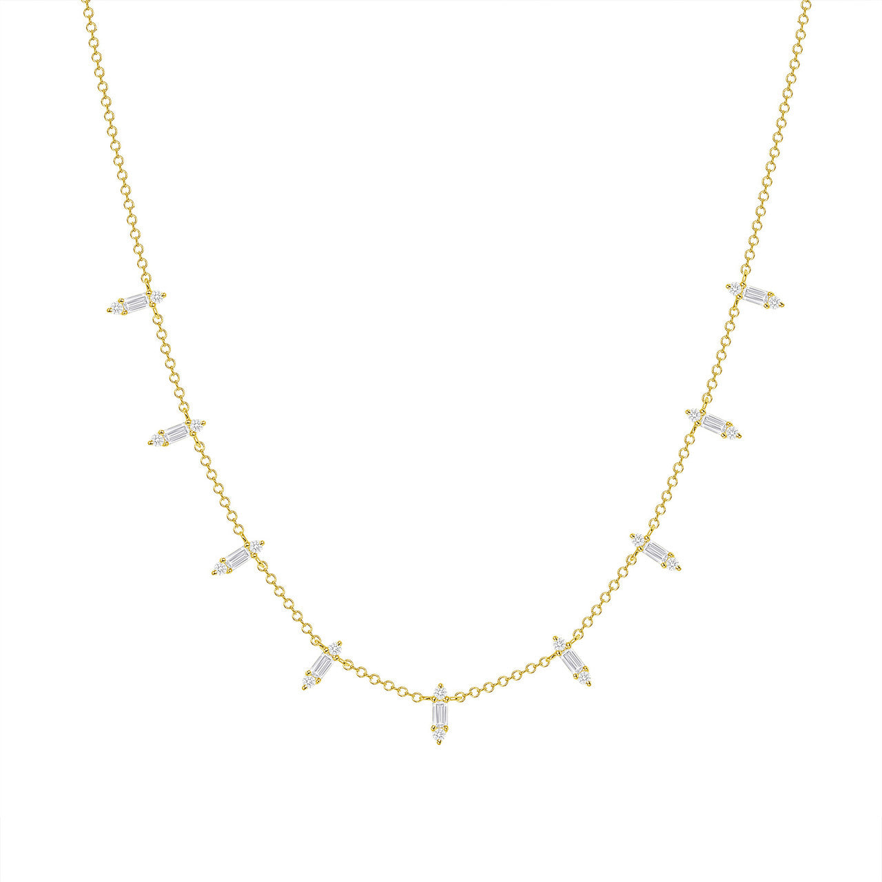 Stack Baguette and Round Diamond Necklace 14K Gold