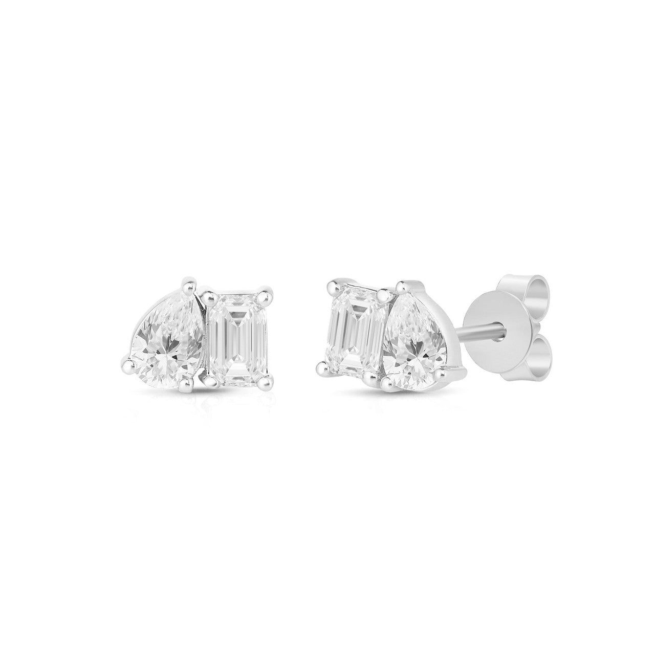 Toi et Moi Emerald And Pear Cut Diamond Stud Earrings 14K Gold