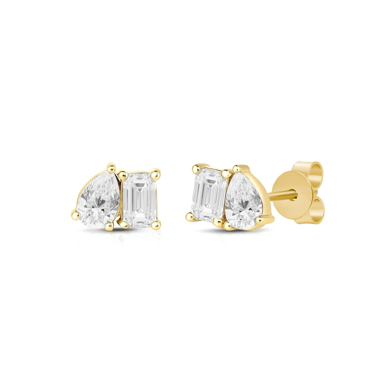 Toi et Moi Emerald And Pear Cut Diamond Stud Earrings 14K Gold