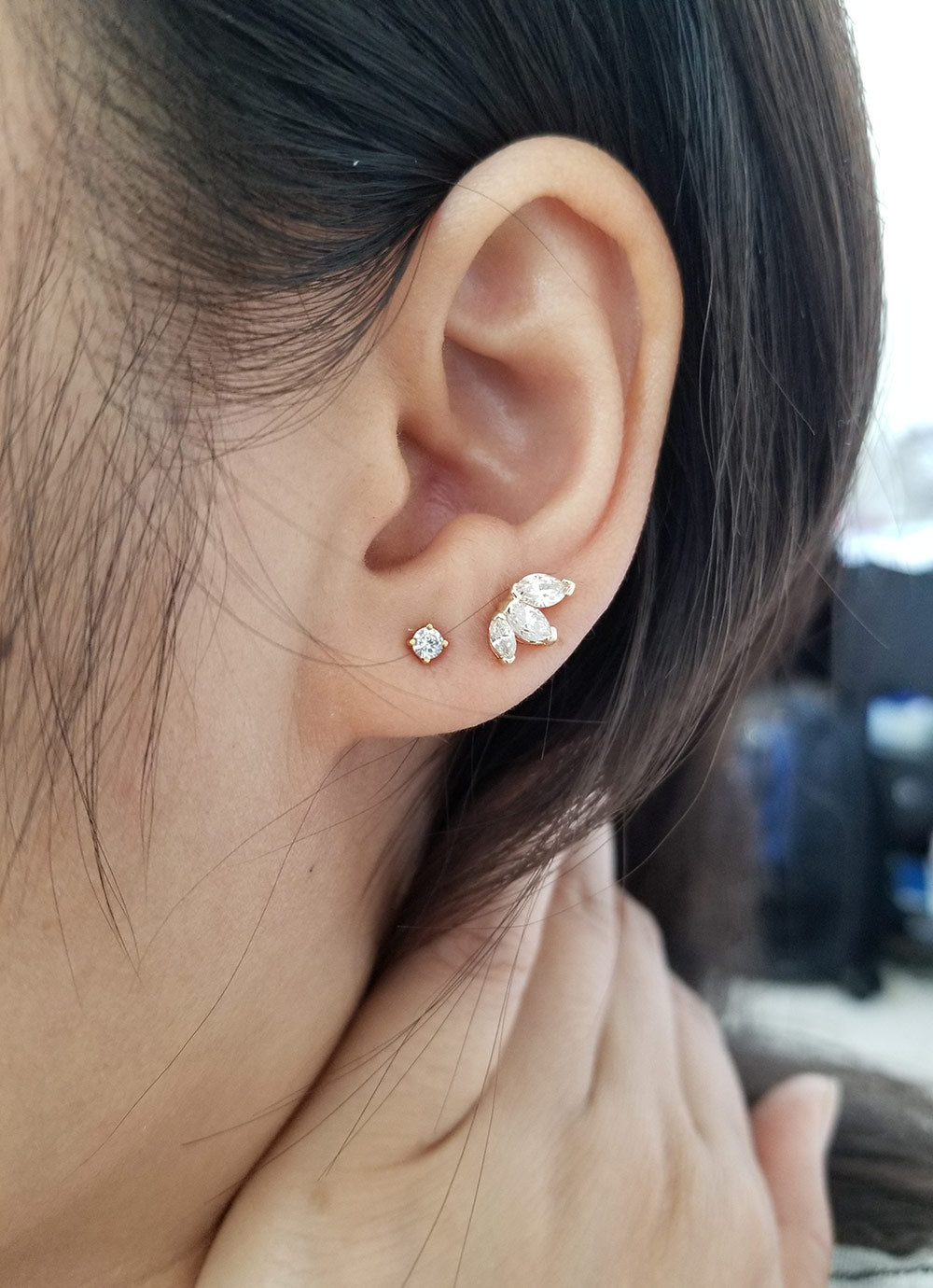 Trio Marquise Natural Diamond Stud Earring 14K Gold